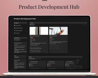 May include: A laptop displaying a Notion dashboard titled "Product Development Hub." The screen shows navigation options, product details, and a product launch plan. The Notion logo is at the top, with the text "Product Development Hub" below it.