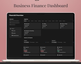 May include: A laptop screen displaying a Notion business finance dashboard. The screen shows financial overview, budgeting, and expense tracking sections. The text "Business Finance Dashboard" is above the screen.