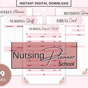 May include: A digital download of a nursing planner in pink and white, including a weekly planner, revision sheet, and drug card. The image features the text "Nursing Planner School" and "39 Pages."