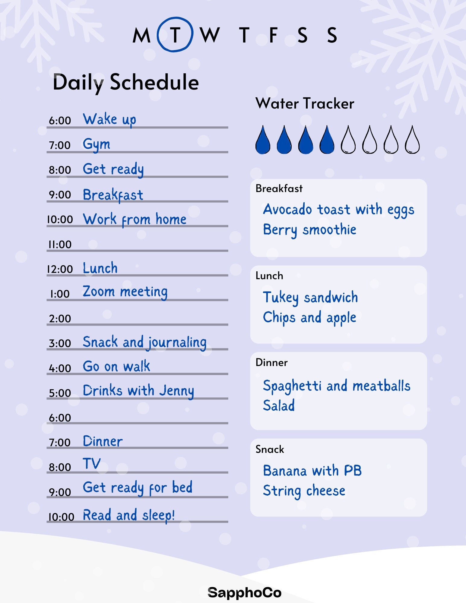Printable Daily Schedule With Water Tracker and Meal Planner Snowy ...