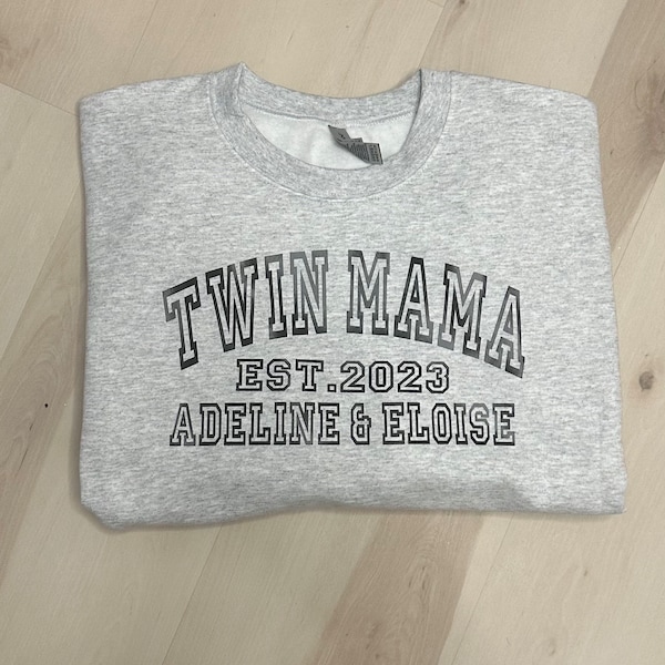 Twin Mama Mom Dad Nana Papa Crew Neck Customizable Personalized Twins Unisex Sweater Pullover Custom Varsity Letters Kids Parents Gift