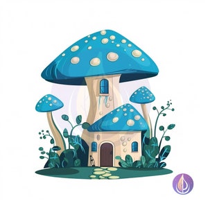 Blue Spotted Fairytale Forest Mushroom House SVG Vector