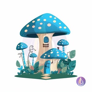 Blue Spotted Fairytale Forest Mushroom House SVG Vector