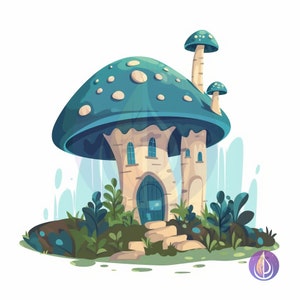 Blue Spotted Fairytale Forest Mushroom House SVG Vector