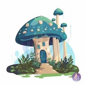 Blue Spotted Fairytale Forest Mushroom House SVG Vector