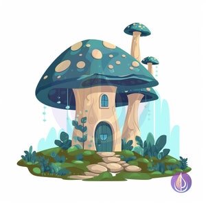 Blue Spotted Fairytale Forest Mushroom House SVG Vector