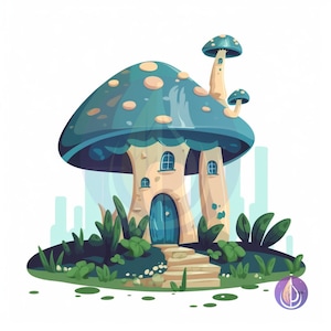 Blue Spotted Fairytale Forest Mushroom House SVG Vector