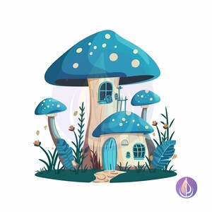 Blue Spotted Fairytale Forest Mushroom House SVG Vector