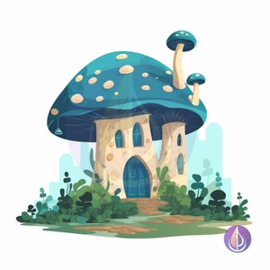 Blue Spotted Fairytale Forest Mushroom House SVG Vector