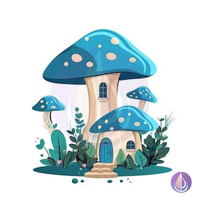 Blue Spotted Fairytale Forest Mushroom House SVG Vector