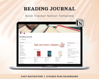 May include: A laptop computer screen displaying a Notion template for a reading journal. The template includes sections for book details, reading progress, and goals. The text "Just one more chapter" is displayed in pink on the screen.