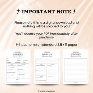 May include: Printable book club discussion guide and notes templates. The guide includes sections for rating, favourite moments, characters, and overall thoughts. The notes template is a blank lined page. The text "The Book Was Better" is at the bottom of the image.