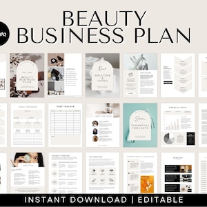 May include: A printable beauty business plan template with a beige background and black text. The template includes sections for monthly goals, financial forecasts, SWOT analysis, and more. The text "INSTANT DOWNLOAD | EDITABLE" is at the bottom of the page.