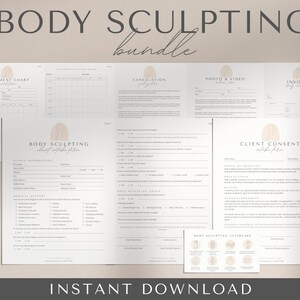 Puede incluir: Un conjunto de ocho formularios imprimibles para empresas de escultura corporal. Los formularios incluyen una tabla de tratamiento, una política de cancelación, una autorización de foto y video, una factura, un formulario de consentimiento del cliente y instrucciones de cuidado posterior. Los formularios son fáciles de editar en Canva.