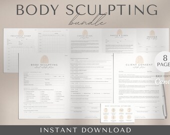 May include: A set of eight printable forms for body sculpting businesses. The forms include a treatment chart, cancellation policy, photo and video release, invoice, client consent form, and aftercare instructions. The forms are easy to edit in Canva.