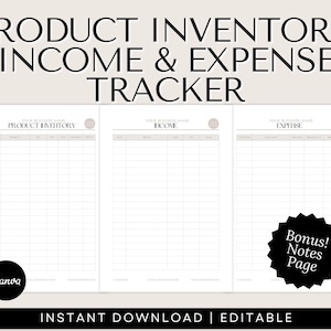May include: A printable worksheet set for tracking product inventory, income, and expenses. The worksheet has three sections: Product Inventory, Income, and Expense. The worksheet is labelled "Instant Download | Editable".