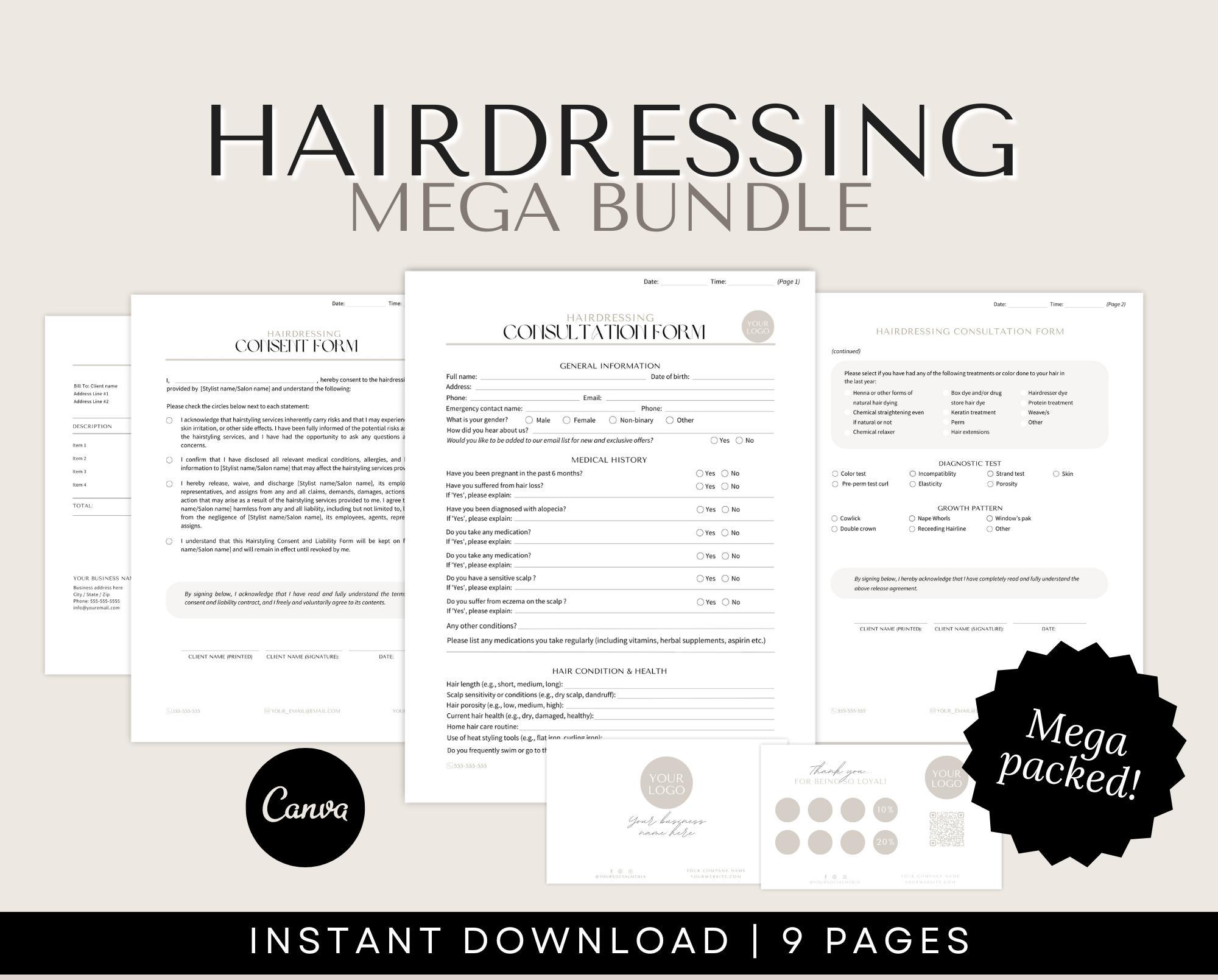 Hairdressing Forms - Hair Consent and Consultation Forms, Hair Agreement, New Client Form, Stylist Form, Salon Form