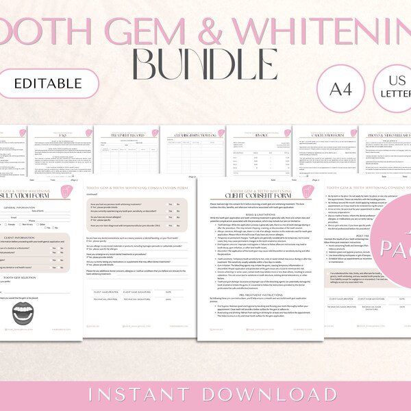 Tooth Gem and Whitening Forms | Tooth Gem Consent Forms, Tooth Gem Consultation Form, Teeth Whitening Forms, Medspa Forms, Esthetician Forms