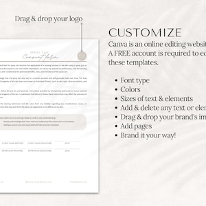 May include: A white and gray spray tan consent form with the text "Spray Tan Consent Form" at the top. The form includes a checklist, signature lines, and instructions for customizing the form using Canva.