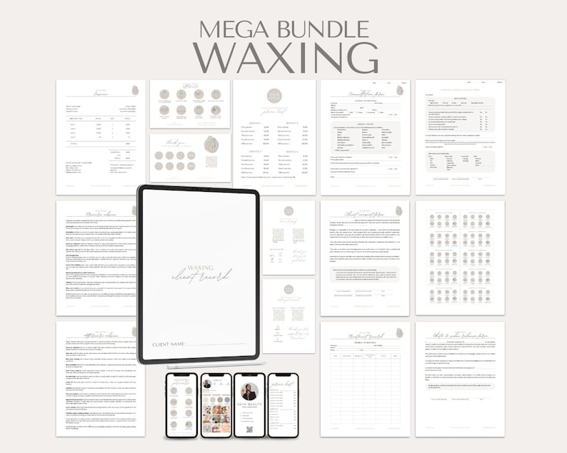 May include: A collection of printable documents for a waxing business, including client record forms, appointment sheets, and price lists. The documents are in a minimalist style with a neutral color palette, and the words "MEGA BUNDLE WAXING" are at the top.