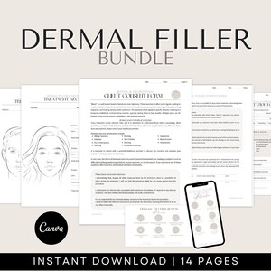 May include: A printable bundle of 14 pages for dermal fillers, including a client consent form, treatment record, and a patient form. The forms are black and white with a minimalist design.
