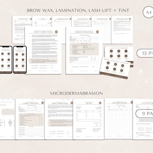 May include: A set of printable forms for a beauty salon or spa. The forms include a client consultation form, treatment record, and aftercare instructions. The forms are designed for brow waxing, lamination, lash lift and tint, and microdermabrasion treatments. The forms are available in A4 and US Letter sizes.