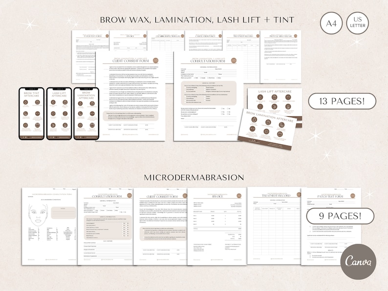 May include: A set of printable forms for a beauty salon or spa. The forms include a client consultation form, treatment record, and aftercare instructions. The forms are designed for brow waxing, lamination, lash lift and tint, and microdermabrasion treatments. The forms are available in A4 and US Letter sizes.