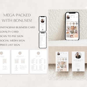 May include: A digital marketing kit for a beauty business. The kit includes a social media sign, a price list sign, a loyalty card, a scan to pay sign, and an Instagram business card. The kit is designed in a minimalist style with a neutral color palette.