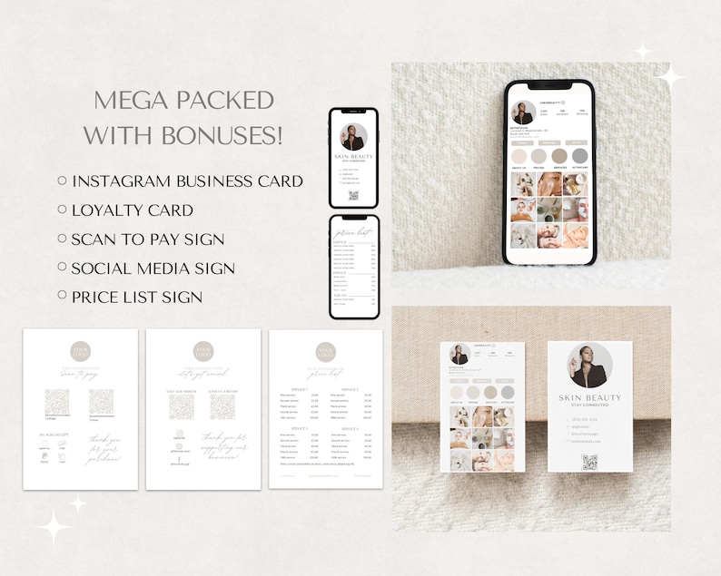 May include: A digital marketing kit for a beauty business. The kit includes a social media sign, a price list sign, a loyalty card, a scan to pay sign, and an Instagram business card. The kit is designed in a minimalist style with a neutral color palette.