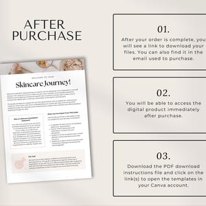 May include: A white and gray infographic with the text "After Purchase" in black text. The infographic has three sections with the numbers 01, 02, and 03. Each section has a description of what happens after a purchase is made. The infographic also includes the text "Welcome to Your Skincare Journey!"