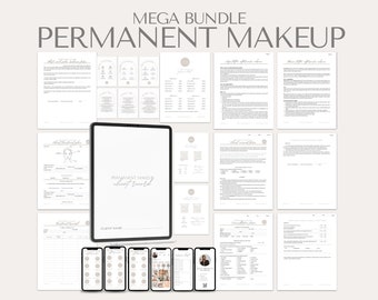 May include: A digital bundle of printable forms for permanent makeup artists. The bundle includes client intake forms, consent forms, aftercare instructions, and a client record sheet. The forms are designed in a minimalist style with a light gray background and black text.