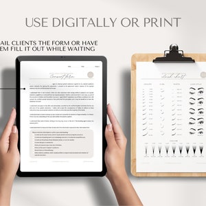 May include: A digital consent form and a lash chart for eyelash extensions. The consent form includes a section for client information and a section for client signature. The lash chart includes a variety of lash lengths, curls, thicknesses, and styles.