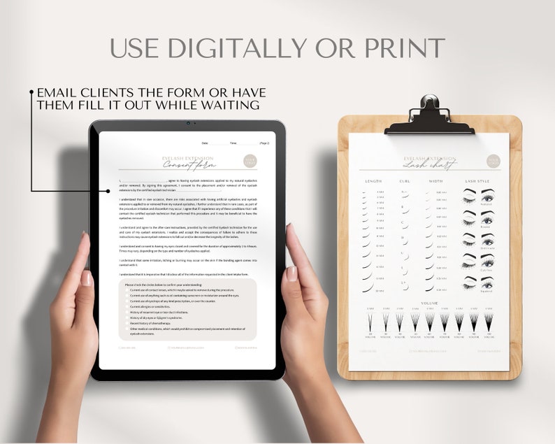 May include: A digital consent form and a lash chart for eyelash extensions. The consent form includes a section for client information and a section for client signature. The lash chart includes a variety of lash lengths, curls, thicknesses, and styles.
