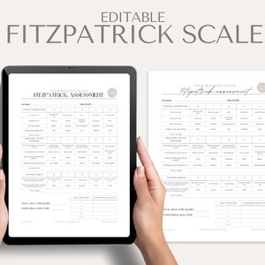 May include: Editable Fitzpatrick Skin Type Assessment form with sections for genetic information, reaction to sun exposure, tanning habits, and total skin type score. The form is on a tablet screen.