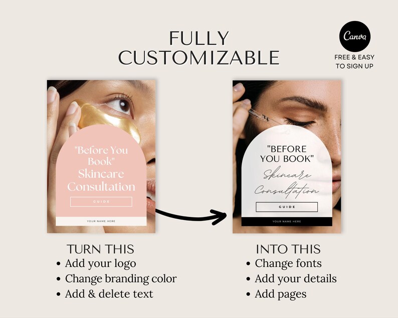 May include: A before and after image showing how to customize a skincare consultation guide template. The before image shows a woman with a gold face mask and the text "Before You Book Skincare Consultation". The after image shows a woman with a serum dropper and the text "Before You Book Skincare Consultation Guide".