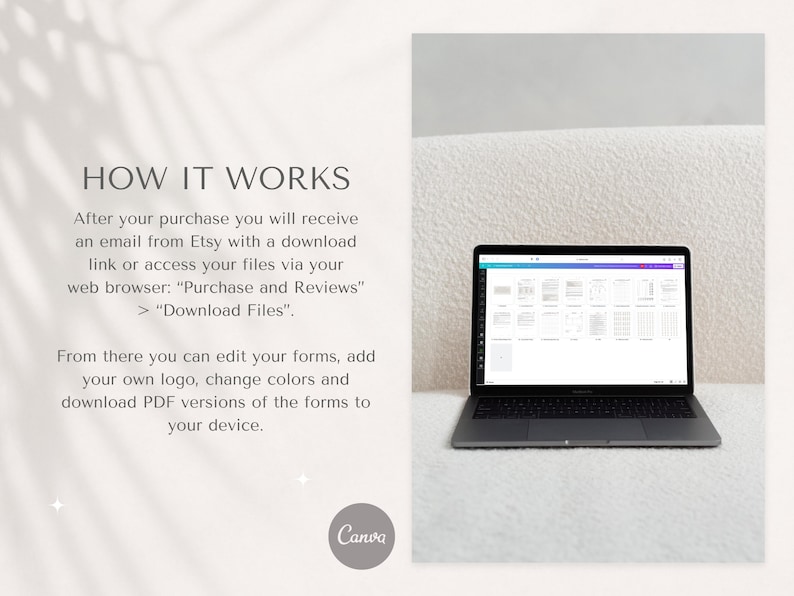 May include: A laptop screen displaying a Canva document with multiple pages of forms. The text on the screen reads "How it works" and explains how to download and edit the forms.