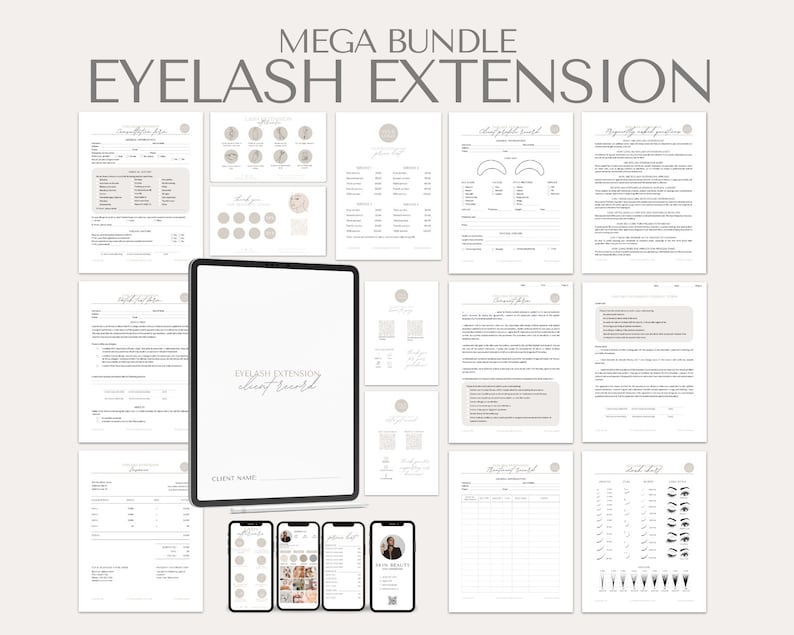 May include: A digital marketing bundle for eyelash extension businesses. The bundle includes a variety of templates and forms, such as client intake forms, consent forms, price lists, and lash mapping charts. The bundle also includes a client record book and a lash style guide.