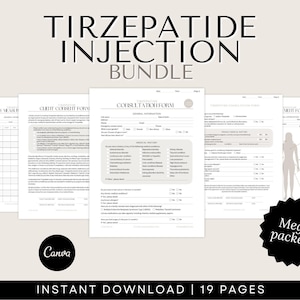Könnte beinhalten: Ein druckbares Paket mit 19 Seiten für Tirzepatide-Injektionen. Das Paket enthält ein Körpermaßformular, ein Kundenberatungsformular, ein Beratungsformular und ein Höhenformular. Die Formulare sind in Schwarzweiß mit grauem Hintergrund.