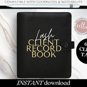 Może przedstawiać: Czarna okładka cyfrowego planera z złotym tekstem, który brzmi "Lash Client Record Book". Okładka jest kompatybilna z aplikacjami Goodnotes i Noteability. Obraz zawiera również różowe koło z tekstem "14 dni gwarancji zwrotu pieniędzy" i czarne koło z tekstem "624 zakładki klienta".