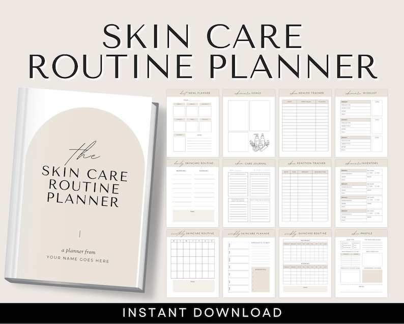 Pu&ograve; includere: Un planner stampabile con il titolo "The Skin Care Routine Planner" e il testo "a planner from YOUR NAME GOES HERE". Il planner &egrave; diviso in sezioni per la pianificazione dei pasti, le routine di cura della pelle e altri argomenti relativi alla salute.