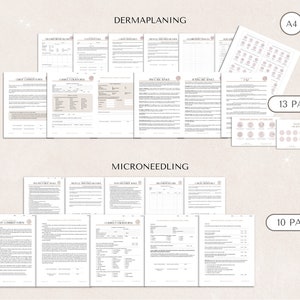 May include: A digital download of printable forms for Dermaplaning and Microneedling treatments. The forms are in black and white and include sections for client information, treatment details, and aftercare instructions. The document is available in both A4 and US Letter sizes. The document includes 13 pages for Dermaplaning and 10 pages for Microneedling.