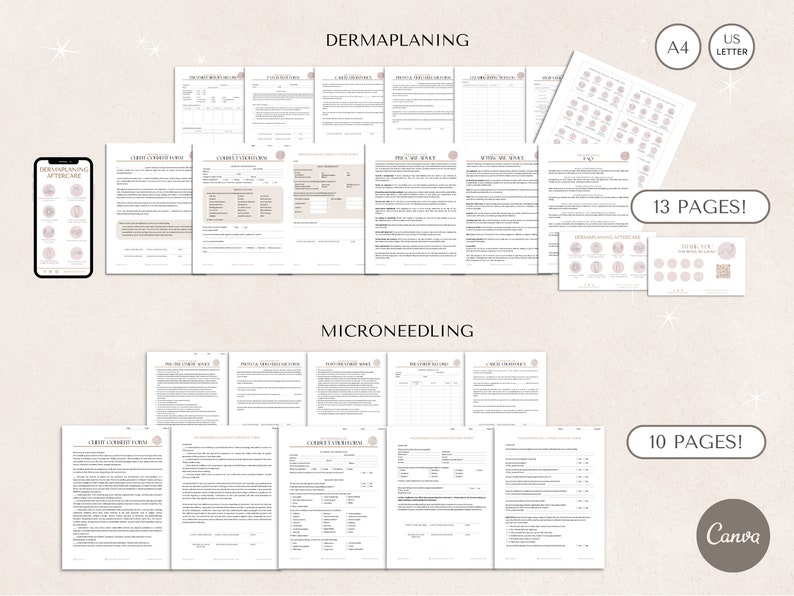 May include: A digital download of printable forms for Dermaplaning and Microneedling treatments. The forms are in black and white and include sections for client information, treatment details, and aftercare instructions. The document is available in both A4 and US Letter sizes. The document includes 13 pages for Dermaplaning and 10 pages for Microneedling.