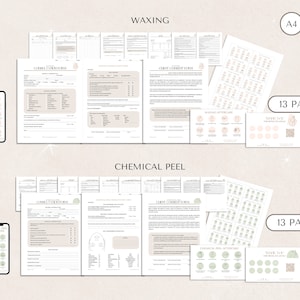 May include: A digital download of printable forms for waxing and chemical peel services. The forms include client consultation forms, aftercare instructions, and a thank you card. The forms are designed in a minimalist style with a light pink and green color scheme. The text on the forms is in English. The forms are available in A4 and US Letter sizes. The forms are 13 pages long.