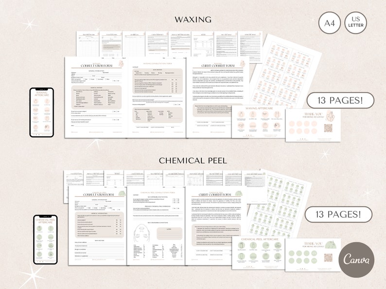 May include: A digital download of printable forms for waxing and chemical peel services. The forms include client consultation forms, aftercare instructions, and a thank you card. The forms are designed in a minimalist style with a light pink and green color scheme. The text on the forms is in English. The forms are available in A4 and US Letter sizes. The forms are 13 pages long.
