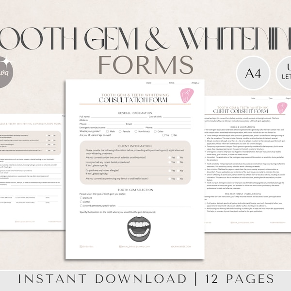 Tooth Gem and Whitening Forms | Tooth Gem Consent Forms, Tooth Gem Consultation Form, Teeth Whitening Forms, Medspa Forms, Esthetician Forms