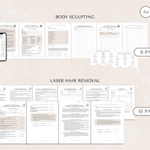May include: A set of printable forms for body sculpting and laser hair removal treatments. The forms are in black and white and include sections for client information, treatment details, and consent forms. The forms are labeled "Body Sculpting" and "Laser Hair Removal" and include the text "8 pages!" and "10 pages!"