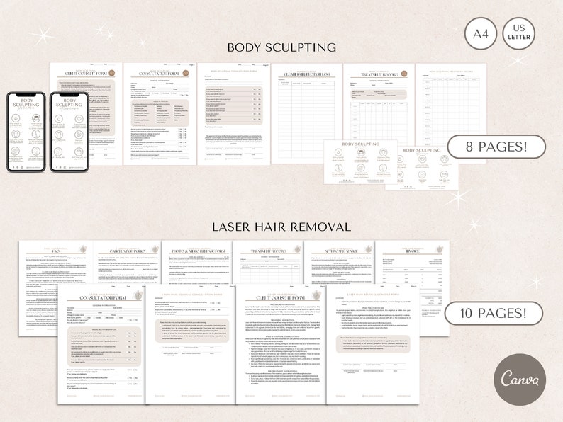 May include: A set of printable forms for body sculpting and laser hair removal treatments. The forms are in black and white and include sections for client information, treatment details, and consent forms. The forms are labeled "Body Sculpting" and "Laser Hair Removal" and include the text "8 pages!" and "10 pages!"