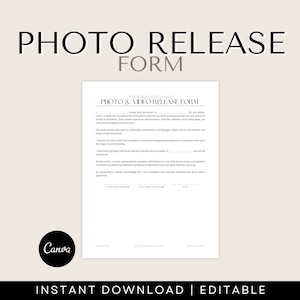 Puede incluir: Un formulario de autorización de foto y video en blanco y negro con el texto "PHOTO RELEASE FORM" en la parte superior. El formulario se titula "PHOTO & VIDEO RELEASE FORM" e incluye espacios para el nombre de la empresa, la fecha y las firmas.