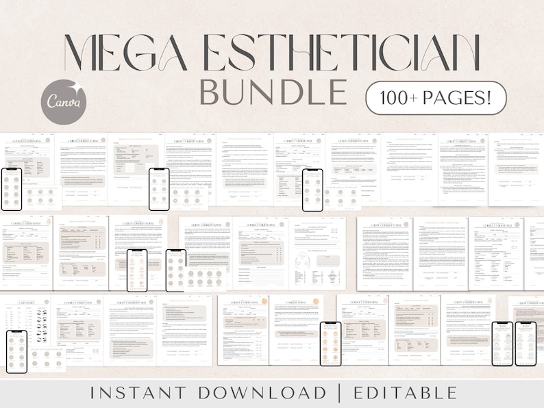 May include: A digital product bundle for estheticians, featuring over 100 pages of printable forms and templates. The image shows a collage of various forms, including client intake forms, treatment consent forms, and service menus. The text "MEGA ESTHETICIAN BUNDLE 100+ PAGES!" is displayed at the top of the image.