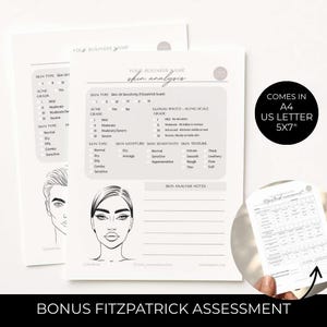 Puede incluir: Hojas blancas de análisis de piel con una tabla detallada para el tipo de piel, el grado de acné y la hidratación de la piel. Las hojas incluyen un dibujo de un rostro femenino y el texto "Skin Analysis". Formato A4, 12,7 x 17,8 cm.